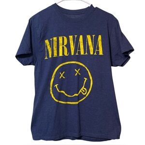 NIRVANA Women's Short Sleeve Yellow Smiley T-shirts Navy Blue M / Medium